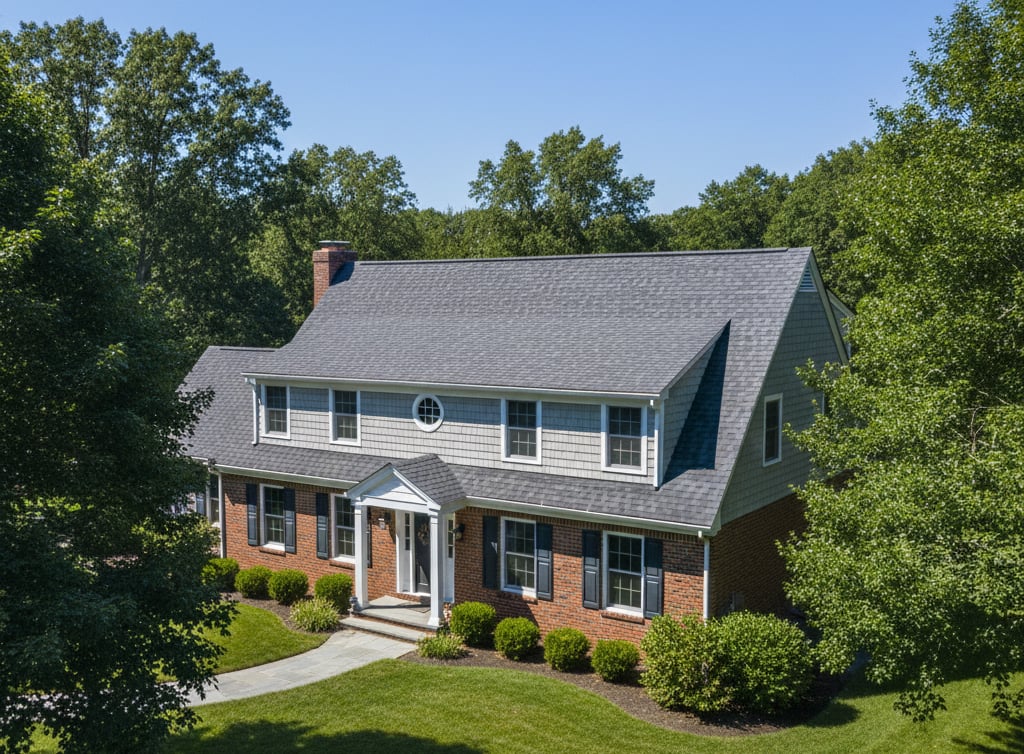 A Connecticut-style home with a newly installed asphalt shingle roof under a bright blue sky