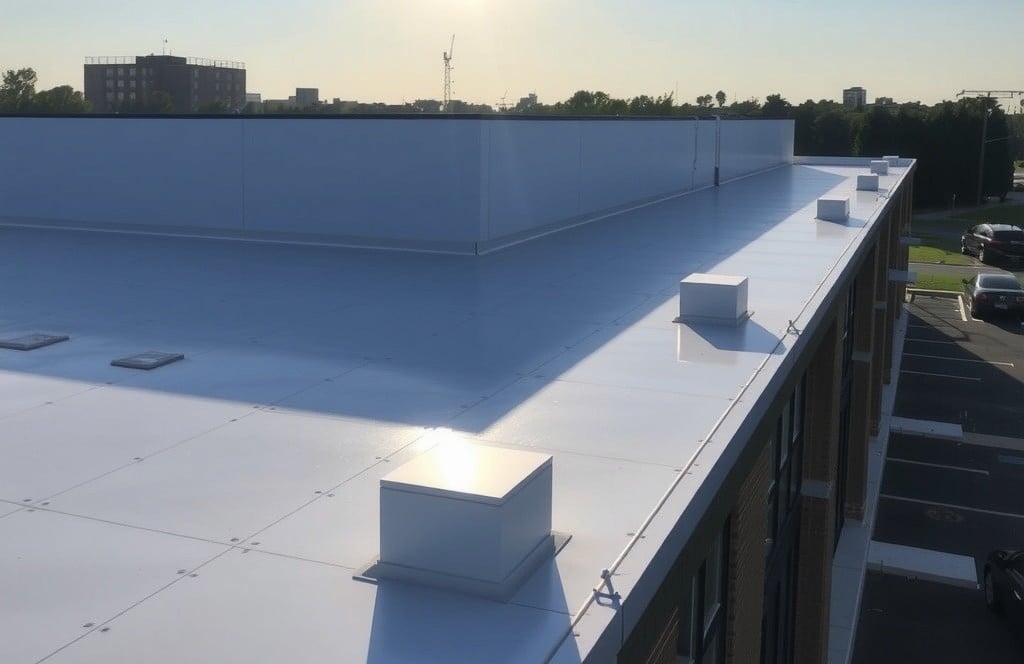 A commercial building with a clean white TPO flat roof