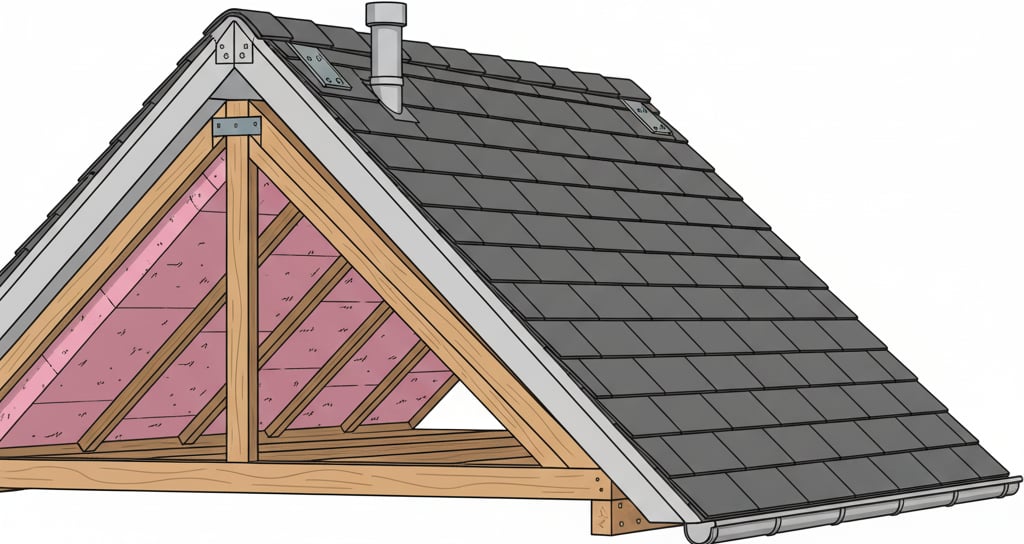 A detailed cross-section diagram of a residential roof showing all components