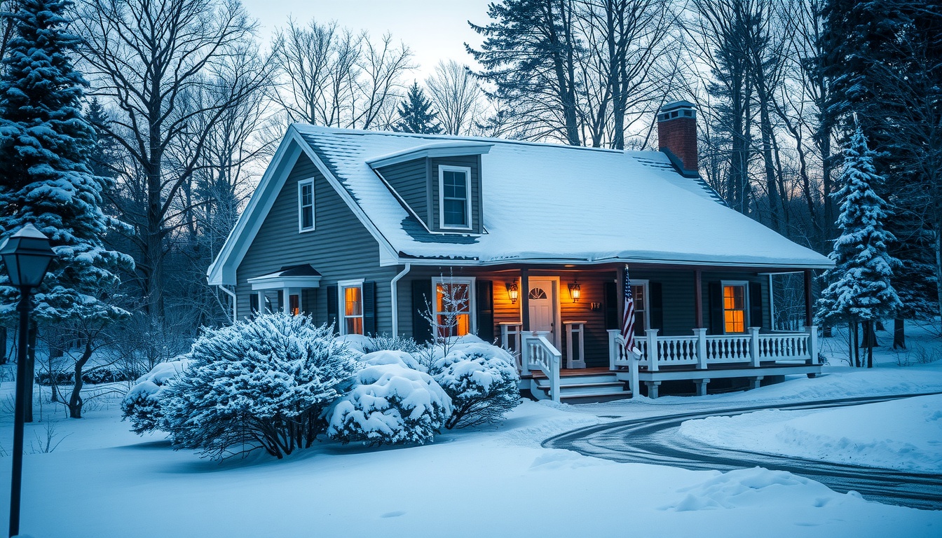 house in winter, with a durable roof to protect against snow damage