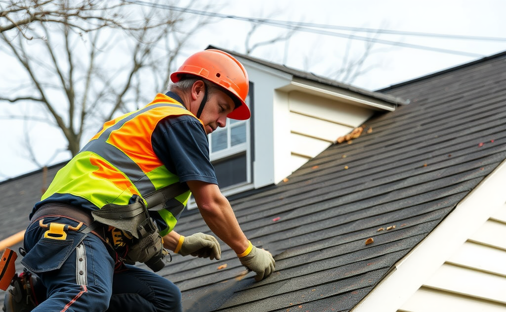 A professional roofer working on a home in Methuen, MA