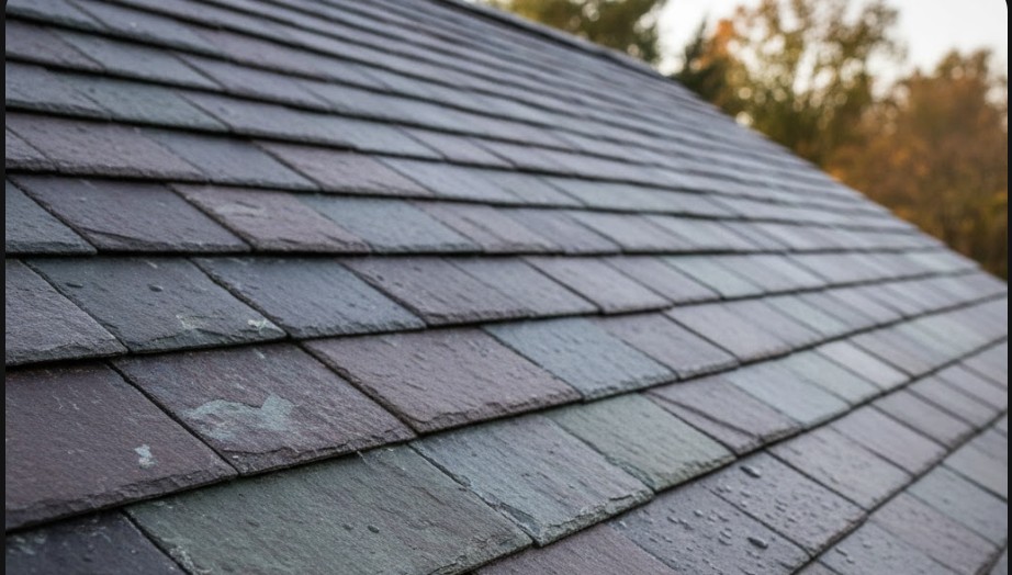 Close-up of slate roofing tiles showing texture and color variation