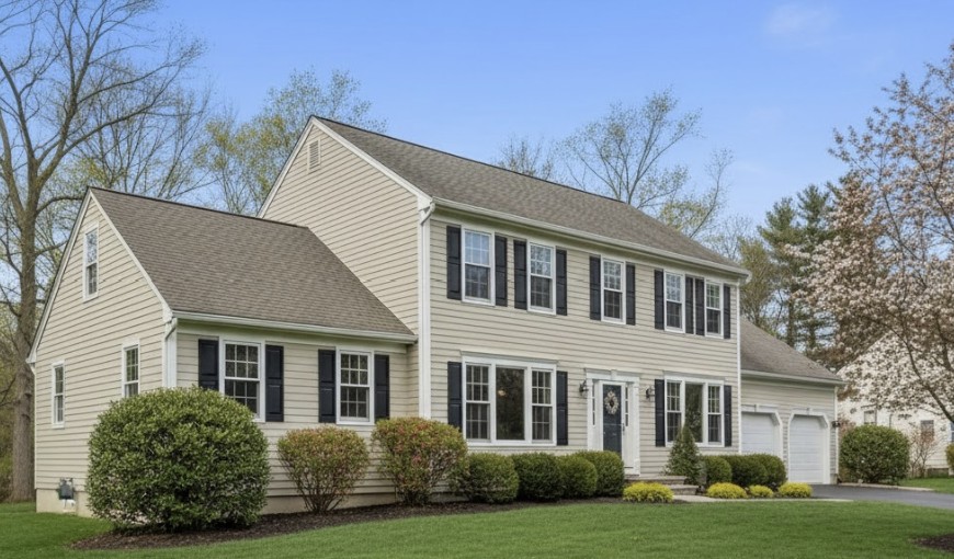A Connecticut home with newly installed premium vinyl siding, bright and clean, showcasing durability and curb appeal, professional craftsmanship
