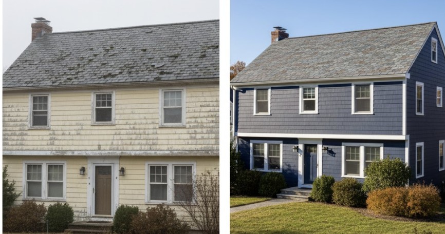 Before-and-after comparison of a home exterior showing an old roof and siding transformed into a modern, polished look with updated materials.