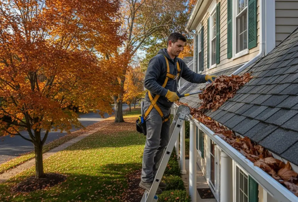 A professional roofer cleaning gutters on a two-story home surrounded by autumn leaves.
