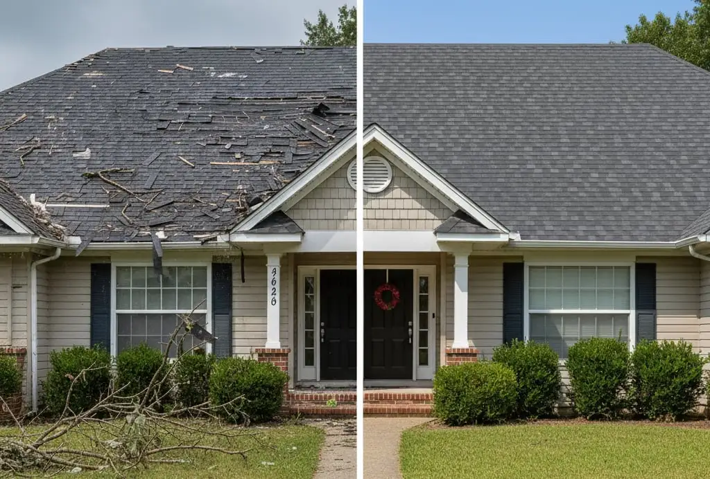 The before-and-after image of the storm-damaged roof repair